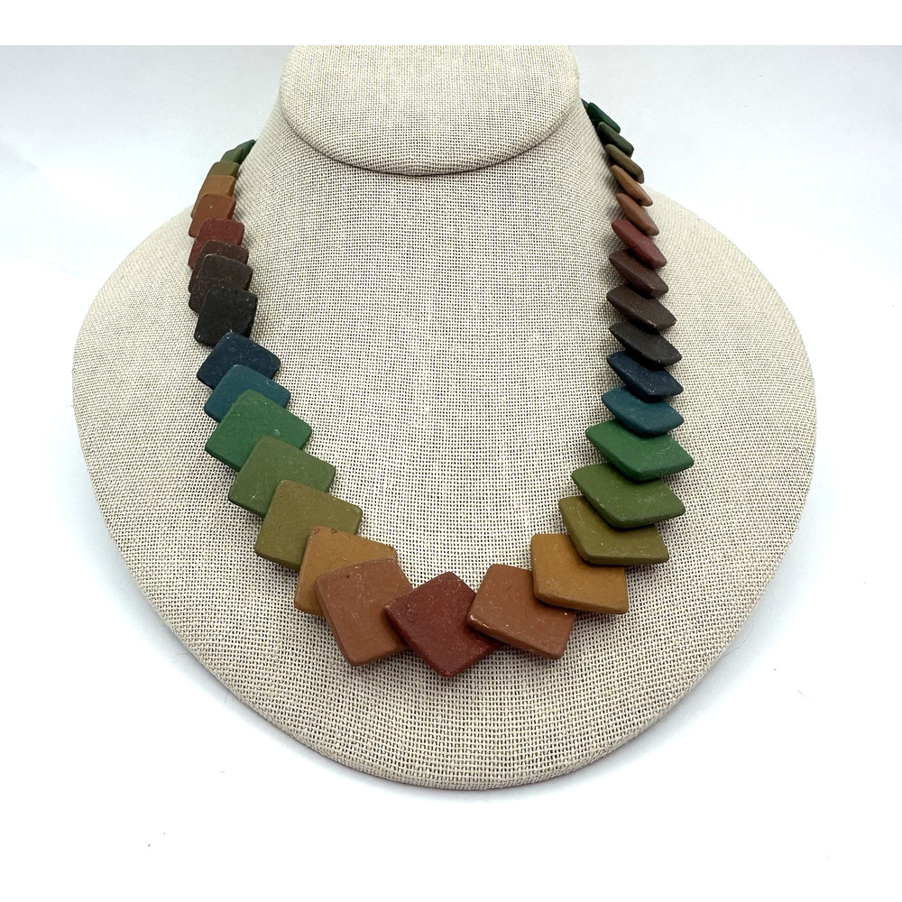 Vintage Rainbow Square Tile Necklace Graduated Beads Button Clasp Colorful 20"